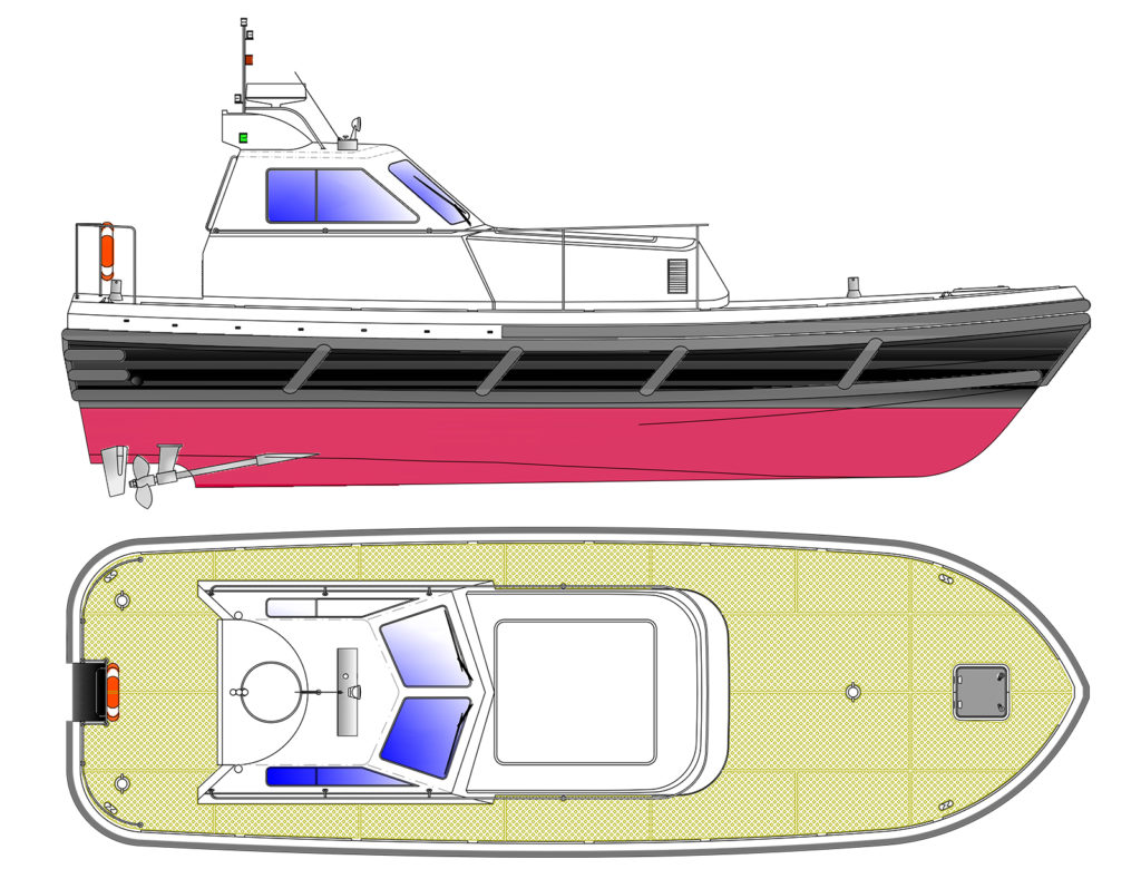Lunghezza: mt. 10,80. Larghezza: mt. 3,50. Immersione: mt 0,90. Motorizzazione: n.02 motori da 200 hp fino a 2 motori da 450 hp. Velocità: a seconda della motorizzazione e del rapporto di riduzione circa 26 nodi.